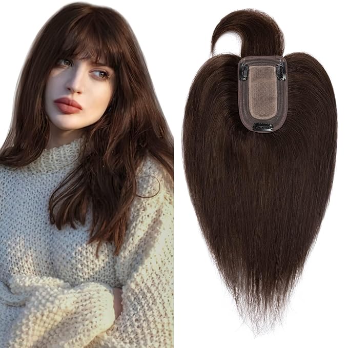 SEGO Hair Toppers for Women Real Human Hair, Clip In Topper Pieces with Front Bangs for Thinning Hair, Straight, 150% Density, Silk Base, 8 Inches,#2 Dark Brown