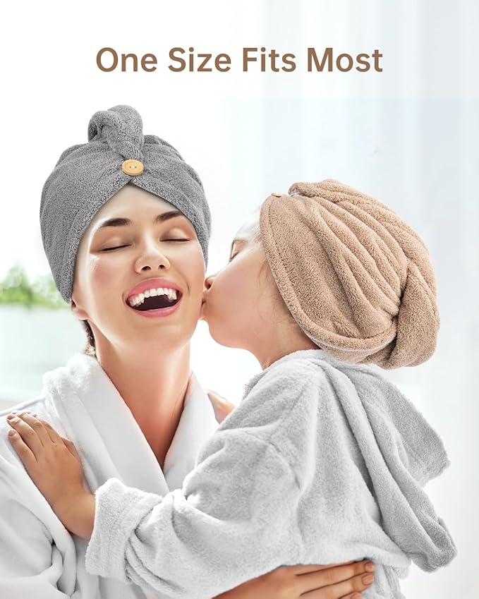YFONG 3 Pack Hair Drying Towels, Hair Towel with Button, Super Absorbent Microfiber Hair Towel for Curly Hair, Fast Drying Hair Wraps for Women Girls, Microfiber Towel for Hair