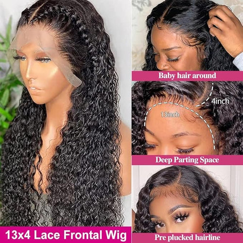 13x4 Human Hair Lace Front Wigs for Black Women 180% Density Brazilian Deep Wave HD Transparent Lace Front Wig with Baby Hair Pre Plucked Bleached Knots(18inch,Natural Black)