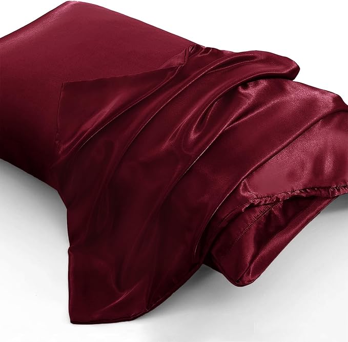 Aormenzy Satin Pillow Cases for Women Standard Size Set of 2, Burgundy Satin Pillowcase for Hair with Envelope Closure Silky Pillow Covers Wrinkle, Fade Resistant (20x26 Inches)