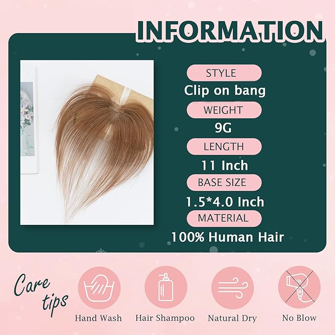 Benehair Clip on Bangs Human Hair, Front Hair Extensions for Women Hair Pieces with Temples for Daily Wear (Light Brown)