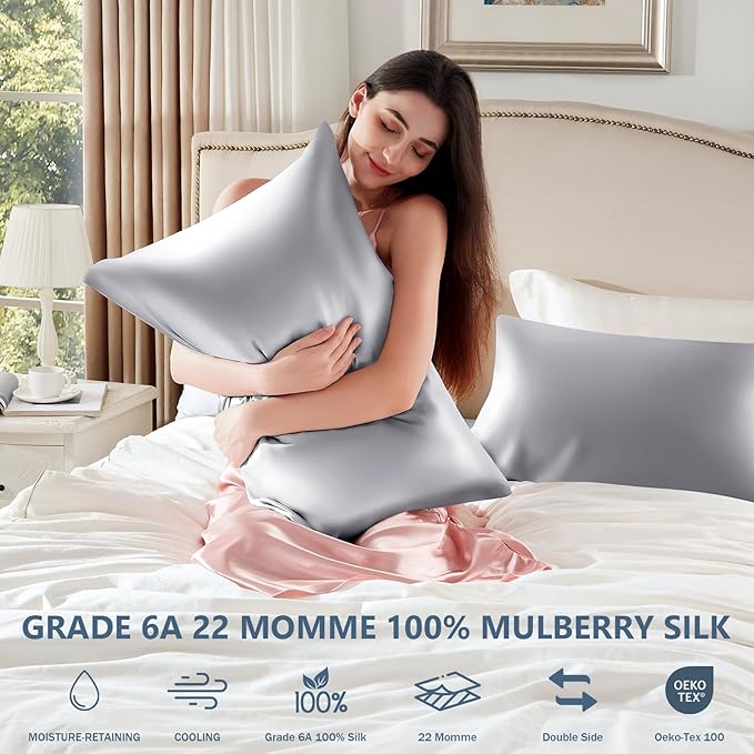 Silk Pillow Cases 2 Pack Standard Size Mulberry Silk Pillowcase Set of 2 for Hair & Skin 26 x 20 Inches 22 Momme Both Sided Grade 6A Silk Soft Breathable Cooling with Hidden Zipper, Grey