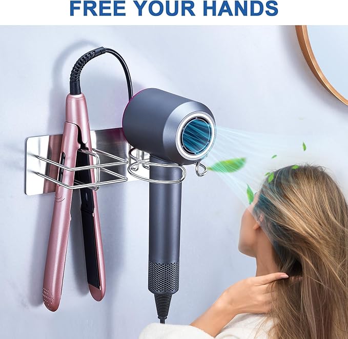 Hair Dryer and Straightener Holder Wall Mounted, Self Adhesive Blow Dryer and Flat Iron Storage Hair Tool Organizer for Bathroom Vanity (Silver)