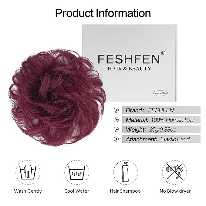 FESHFEN Human Messy Buns - 100% Human Hair Bun Real Scrunchies Hair Pieces Ponytail Extensions Wavy Tousled Updo Chignon Hairpieces for Women, Wine Red