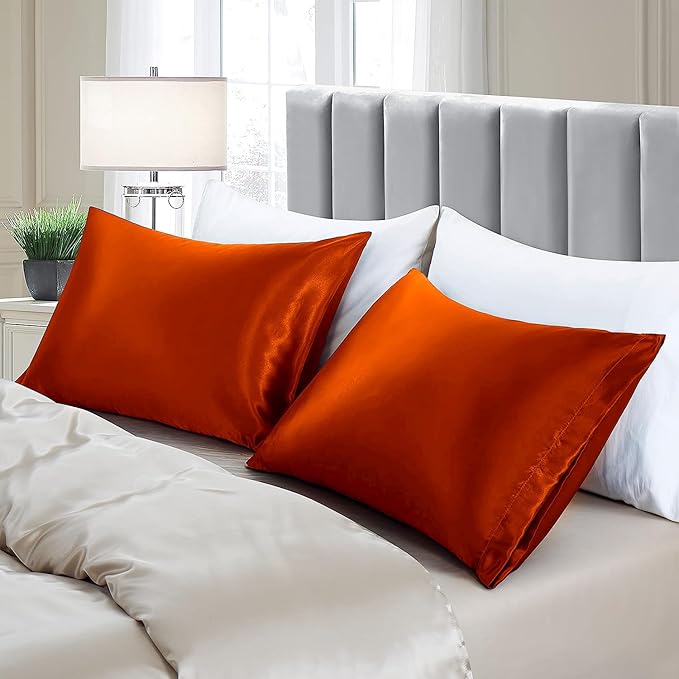 Aormenzy Satin Pillow Cases for Women Standard Size Set of 2, Burnt Orange Satin Pillowcase for Hair with Envelope Closure Silky Pillow Covers Wrinkle, Fade Resistant (20x26 Inches)