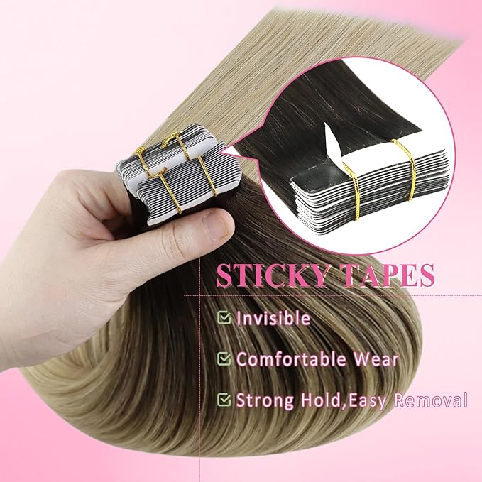 YoungSee Tape in Hair Extensions Real Human Hair Brown to Blonde Invisible Tape in Ombre Hair Extensions for Women Tape-ins Human Hair Extension Balayage Brown Ombre Blonde Easy to Put 16in 20pcs 50g