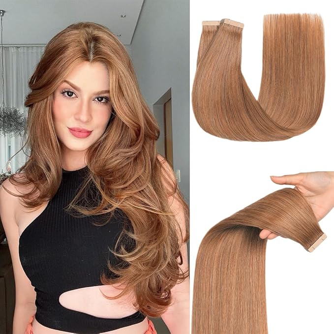 Tape in Extensions Skin Weft Tape Extensions Human Hair 20pcs Remy Hair Extensions 22 Inch Light Brown Straight Invisible Human Hair (30#,22 Inch)
