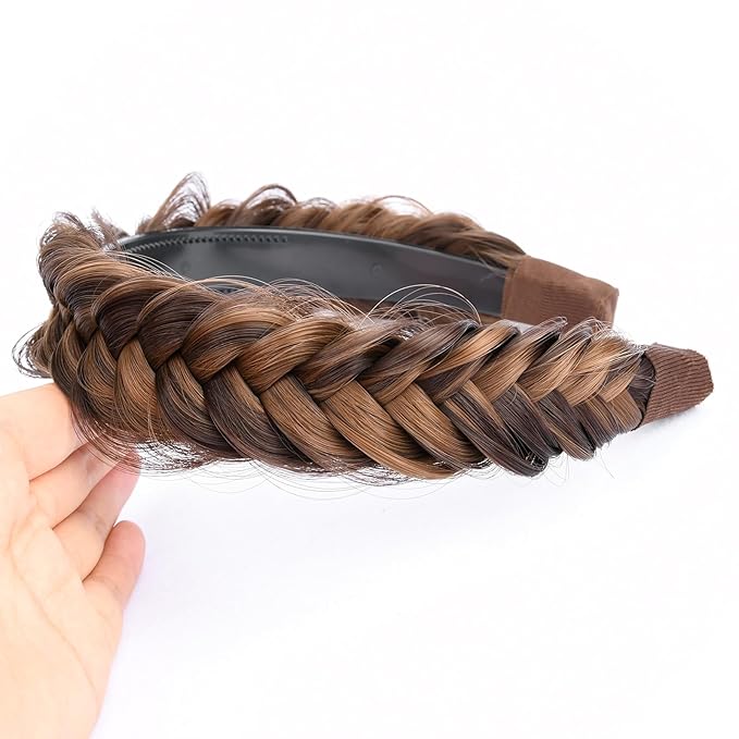 DIGUAN Wide Messy Braided Headband With Teeth Synthetic Hair Plaited Headband High Elasticity Braids Chunky Fishtail Braided Hair Band for Girls Women (Chocolate Toast)