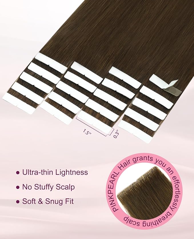 Pinkpearl Invisible Tape in Hair Extensions Human Hair, 20pcs 22inch 60g #4 Chocolate Brown Injection Tape in Extensions Real Remy Straight Seamless Silky Human Hair Injected