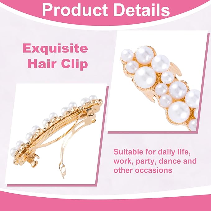2 Pcs Pearl Hair Clips, Pearl-Embellished Barrette, Elegant Pearls Barrettes for Women, Party, Wedding, Daily Use, Graduation (Gold)