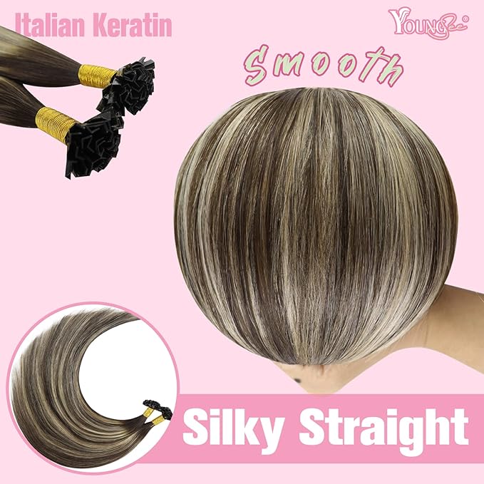 YoungSee K Tip Hair Extensions Human Hair Dark Brown Ombre Ash Blonde K Tip Hair Extensions Human Hair Ombre 22In 1G/S 50G