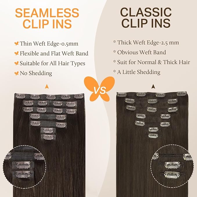 DOORES Seamless Clip-in Hair Extensions, Real Human Hair, Light Dark Brown, 18 Inch, 110g, 7pcs, Invisi Edge, Straight Natural Hair