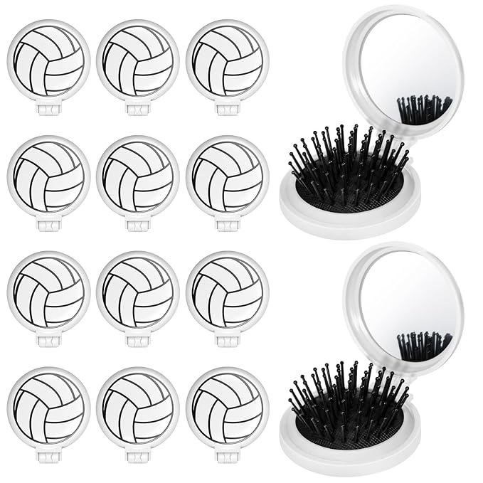 12 Pcs Volleyball Mini Detangler Brush, Folding Mirror Hair Brushes, Mini Travel Hair Brush, No Tangle Soft Flexible Bristles for Straight, Curly, Thick Hair for Volleyball Team Gift Sport Party