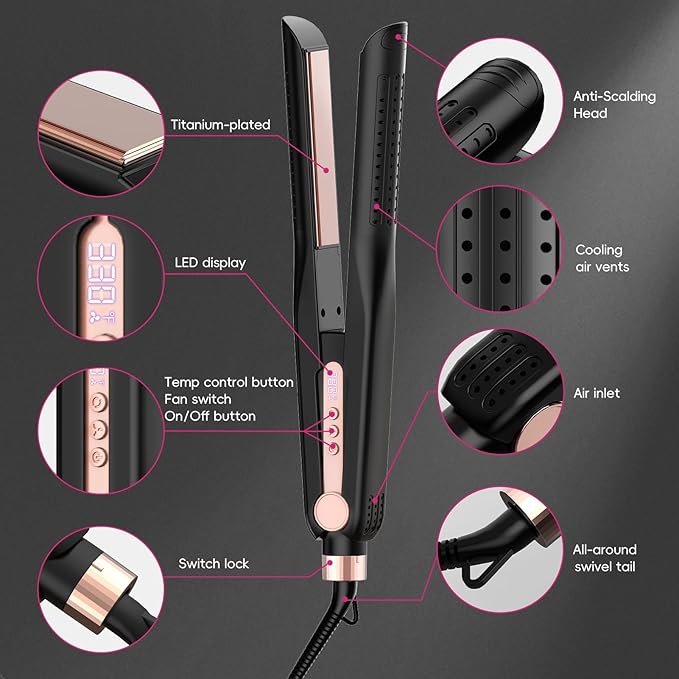 SKIMI Airflow Styler, Titanium Flat Iron Hair Straightener, Professional Curling Iron with Cooling Air Vents to Lock in Style, 5 Temps & Dual Voltage, Auto Off (Black & Rose Blush).