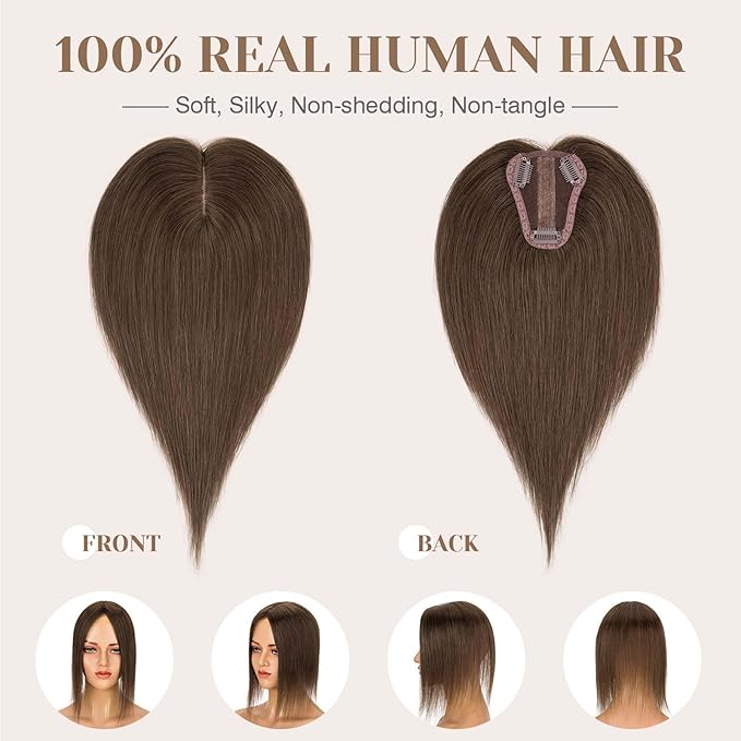S-noilite Hair Toppers for Women Real Human Hair 3D 360° Cover Clip in 100% Real Human Hair Toppers 3″*4″ Clip in Silk Base 8 inch Natural Brown