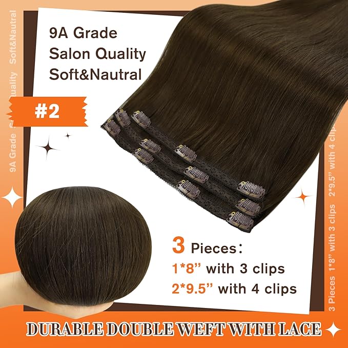 Full Shine Dark Brown Clip in Hair Extensions Real Human Hair 16 Inch Clip in Human Hair Extensions Lace Base Hair Extensions Color 2 Dark Brown Clip in Hair for Women 3 Pcs 60Grams