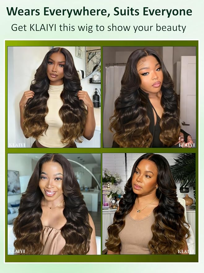 KLAIYI Ombre Brown Loose Body Wave 13x4Pre Everything Lace Frontal Chestnut Brown Drawstring Wig with Face Framing Layers Precut Lace Pre Plucked Bleached Bye Bye Knots Ready to Wear and Go Wig 24Inch