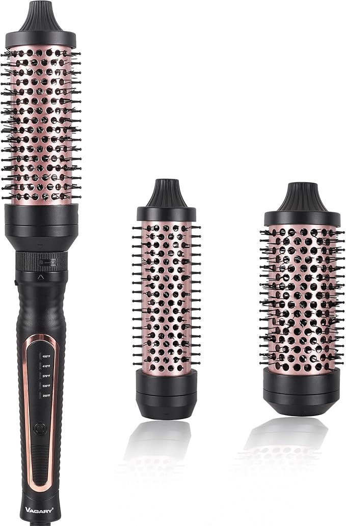 VAGARY 3 in 1 Thermal Brush Set, Heated Round for Blowout Look, Dual Voltage Curling Iron Brush, Ceramic Tourmaline, 3 Detachable Combs, 5 Temperature Settings