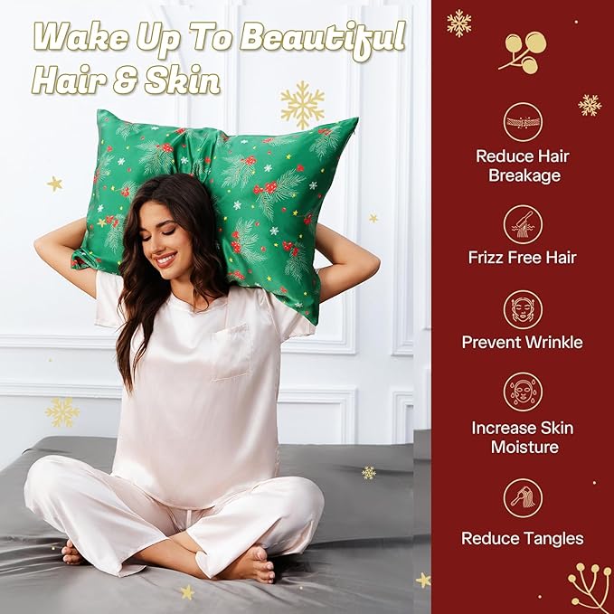 THXSILK Christmas Style 6A+ Grade Mulberry Silk Pillowcase for Hair and Skin, 22 Momme 100% Pure Silk Pillow Case with Hidden Zipper, Christmas Holly Printed Pillow Cover(Standard Size 20"x26", Green)