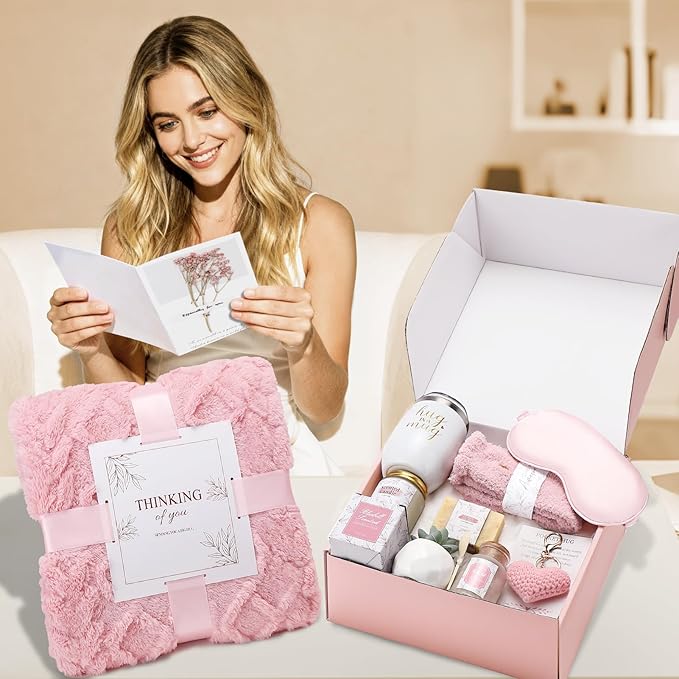 Get Well Gifts for Women Self Care Gifts Basket - Relaxing Spa Care Package After Surgery Thinking of You Birthday Gift - Feel Better Sympathy Gift Set for Her Mom Sister Friend Wife (Pink)