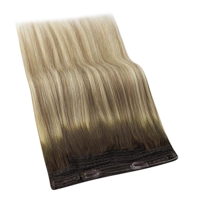 YoungSee Wire Human Hair Extensions Brown Blonde Invisible Wire Hair Extensions Real Human Hair Walnut Brown Ombre Blonde Highlight Remy Human Hair Fish Line Extensions 14Inch 80G