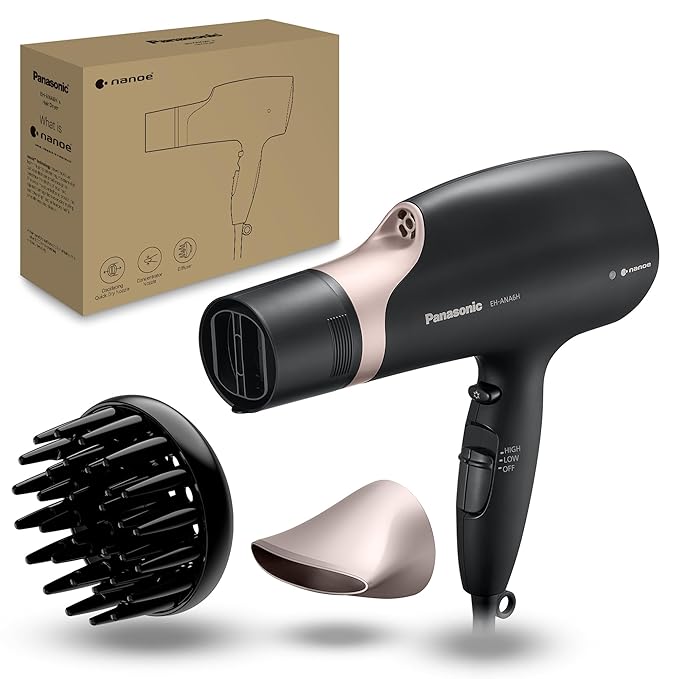Panasonic Nanoe Salon Hair Dryer, Oscillating QuickDry Nozzle, Blow Dryer with Diffuser, Concentrator Attachments, 3 Speed Heat Settings for Styling and Healthy Hair - EH-ANA6HN (Black/ Pink Gold)