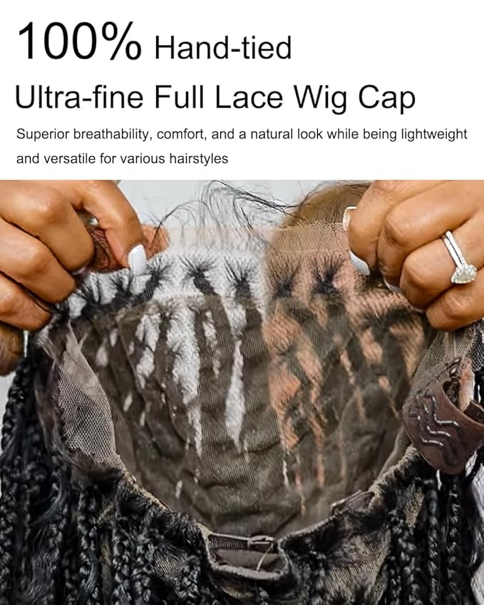 Human Hair Boho Curls Hand-Tied HD Full Lace Wig - 24" Salon-Level Small Box Synthetic Braids (80 Braids, Medium Density) Pre-Cut Swiss HD Lace, Pre-Plucked, Knotless, Tangle-Free - Black 1B
