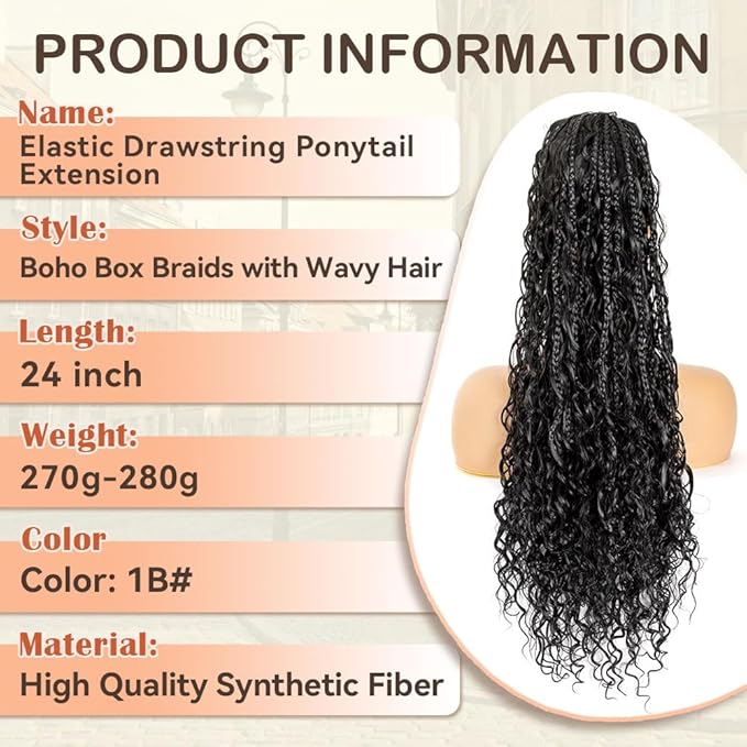 Drawstring Ponytail for Women 24 inch Boho Box Braids with Long Wavy Hair Ponytail Extension Natural Black Synthetic Hair Extensions Ponytail for Daily Use (1B#, 24 Inch)