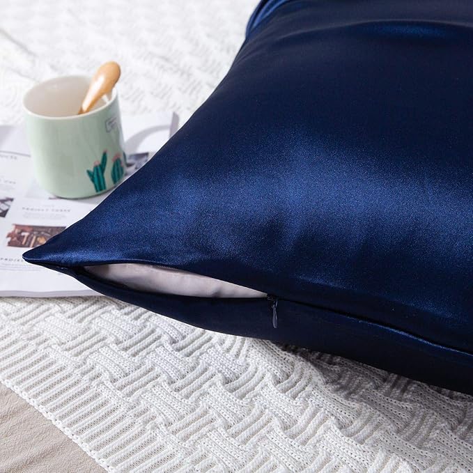 SLPBABY 100% Natural Pure Silk Pillowcase for Hair and Skin, Both Side 19 Momme Silk, Luxury Smooth Satin Pillowcase Cover with Hidden Zipper (King, Navy Blue)