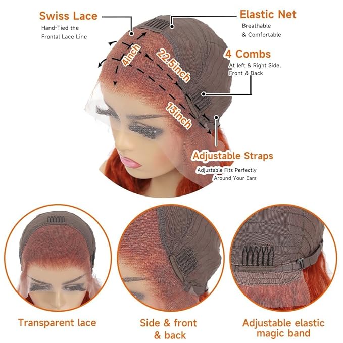 30inch 13X4 Ginger Wig Human Hair Straight Lace Front Wigs 180% Density HD Transparent Lace Frontal Glueless Pre Plucked with Baby Hair 350 Orange Colored Wig