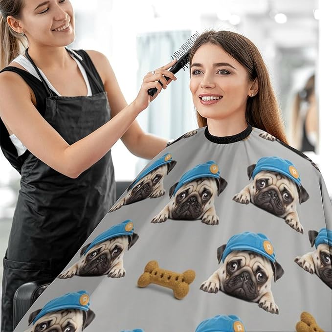 Adults Cute Hat Pug Dog Hair Styling Cape Large, Long Haircut Apron for Hair Cutting Styling, Easy Clean