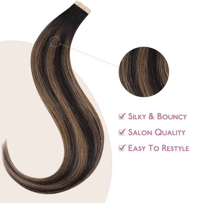 WENNALIFE Tape in Hair Extensions Human Hair Balayage Natural Black to Chestnut Brown Tape in Extensions, 10pcs 30g 20 inch Remy Invisible Tape Ins Straight Soft Real Human Hair Tape in Extensions