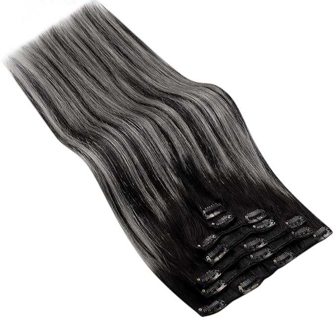 Ve Sunny Human Hair Clip in Extensions Black Ombre Clip in Hair Extensions for Women Clip Hair Extensions Real Human Hair Long Hair Extensions Natural Black Balayage Grey Silver 7pcs 120g 24inch