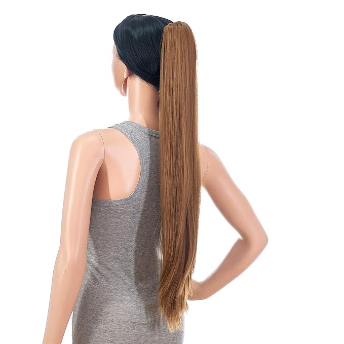 SWACC 28-Inch Long Straight Claw Clip Ponytail Extensions Synthetic Hair Extensions Ponytail Jaw Clip Hair Pieces for Women (Strawberry Blonde-27#)