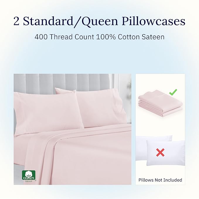 California Design Den Standard Queen Size Pillowcase Set - 400 Thread Count, 100% Cotton Sateen, Set of 2 Pillow Covers, Soft and Breathable - Pink