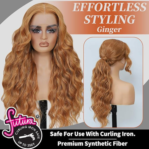 13x4 Synthetic Lace Front Wigs Pre Plucked 26 Inch Long Wavy Ginger Wigs For Black Women 100% Futura Premium HD Lace Wig Ready to Wear Beginner Friendly Daily Party Use