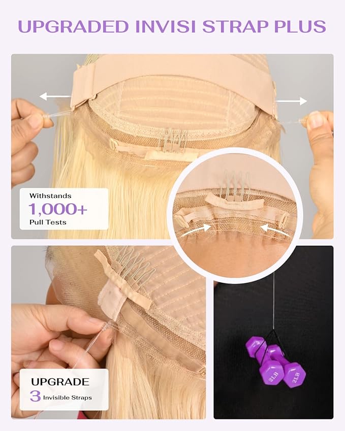 Hidden Strap Straight 360 613 Lace Front Wigs Human Hair Invisible Strap Pre Plucked 180% Density SALON-Quality Blonde Wig with Drawstring Glueless Wigs HD Full Lace Human Hair Wigs 28inch