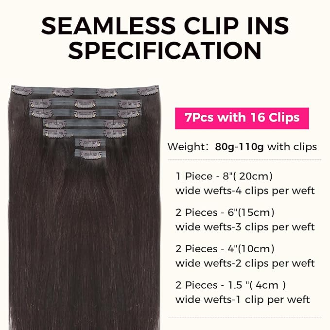 Lashey Seamless Clip in Hair Extensions Real Human Hair, 7pcs 110g Straight PU Weft Human Hair Extensions 20 Inch #2 Dark Brown Hair Extensions with Invisi Edge