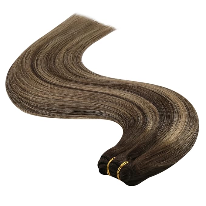 YoungSee 130G Weft Hair Extensions 24 inch Balayage Sew in Hair Extensions Dark Brown with Caramel Blonde Balayage Double Weft Human Hair Extension for Natural Look