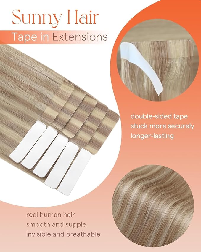 Sunny Hair Blonde Tape in Hair Extensions Human Hair Remy Hair Extensions Real Human Hair Tape in 20inch Human Hair Extensions Tape in 10Pcs 25g