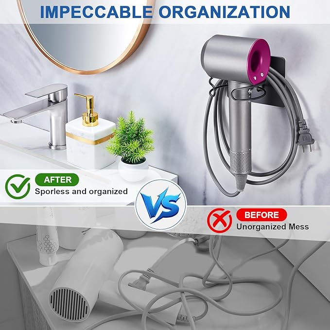 Blow Dryer Holder Wall Mounted, Hair Dryer Holder Stand for Most Hair Dryers Organizer and Storage, Self Adhesive Hairdryer Hanger Rack for Bathroom and Cabinet, Black