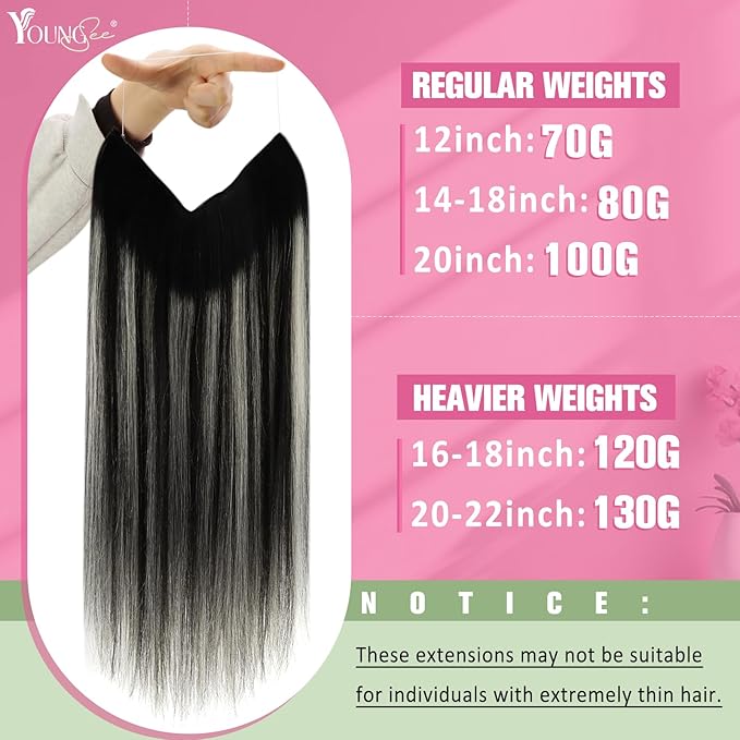 YoungSee 130G Human Hair Wire Extensions Ombre Invisible Wire Hair Extensions Real Human Hair Off Black Mix Sliver Balayage Fish Line Hair Extensions for Women 20Inch