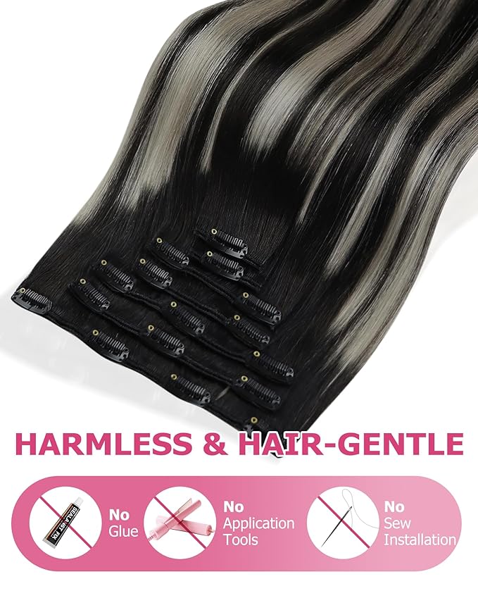 YoungSee Clip in Hair Extensions Real Human Hair Black Balayage Hair Extensions Clip ins Natural Black Roots Sliver Balayage Clip in Extensions Real Human Hair for Women 14Inch 120G 7Pcs