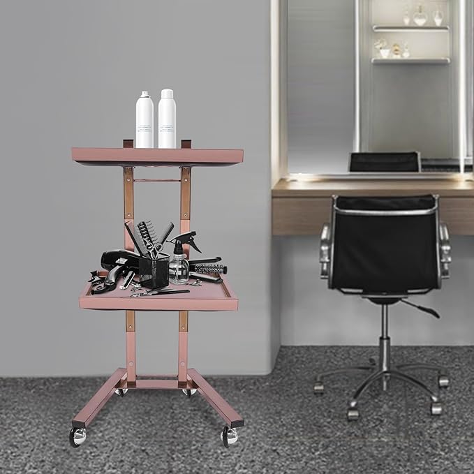 2 Tier Foldable Tray Trolley, Stainless Steel Salon Storage Metal Rolling Cart Mobile Hairdressing Tool Organizer with Wheels for Hair Salon, Studios, Spa Salons (Rose Gold)