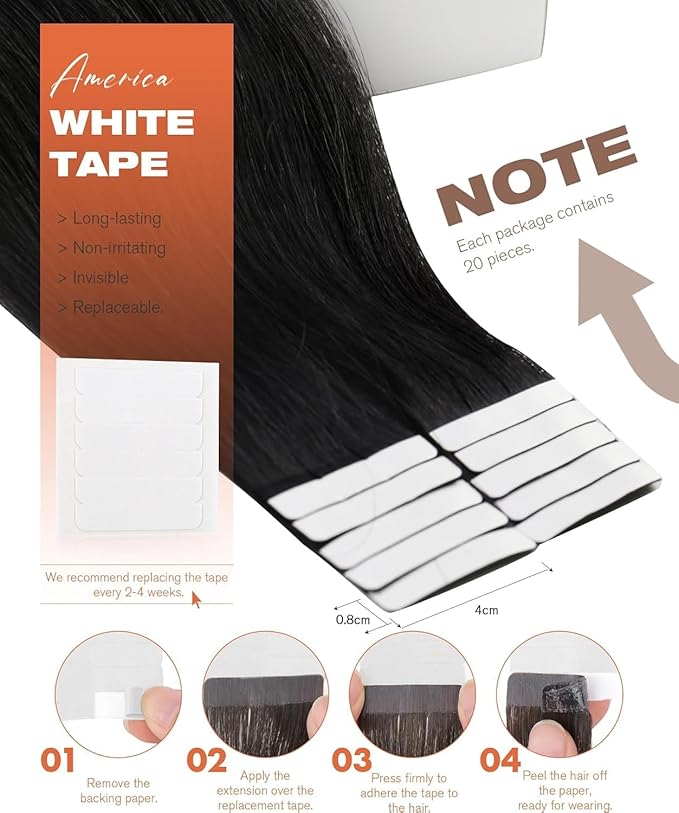 Sunny Hair Tape in Hair Extensions Human Hair 28inch Hair Extensions Real Human Hair Tape in Extensions for Women Jet Black Invisible Remy Hair Natural Straight Skin Weft Double Sided Tapes 20Pcs 50g