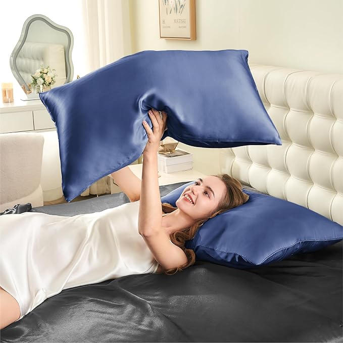 INFIIXSO Mulberry Silk Pillowcase for Hair and Skin, Silk Pillow Cases Queen Size Set of 2 with Hidden Zipper 20x30 Inches, Ultra Smooth and Soft Cooling Pillow Cases for Hot Sleepers(Navy, 2 Pack)