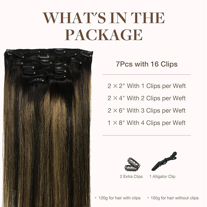 GOO GOO Clip in Hair Extensions Real Human Hair, Remy Human Hair Extensions Clip ins for Women, Natural Human Hair, 22inch 120g 7Pcs, 1B/6/1B Balayage Natural Black to Chestnut Brown