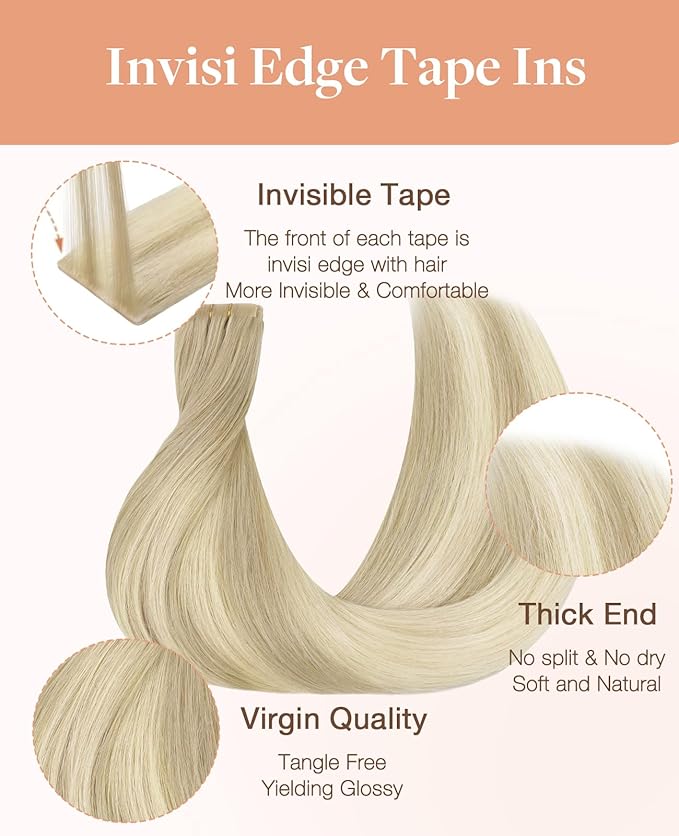 GOO GOO Invisi Edge Tape in Hair Extensions Human Hair, 18ET90A Natural Blonde Balayage10pcs injected with 10pcs classical tape ins, 16inch 50g, Virgin Remy Hair, Natural Look