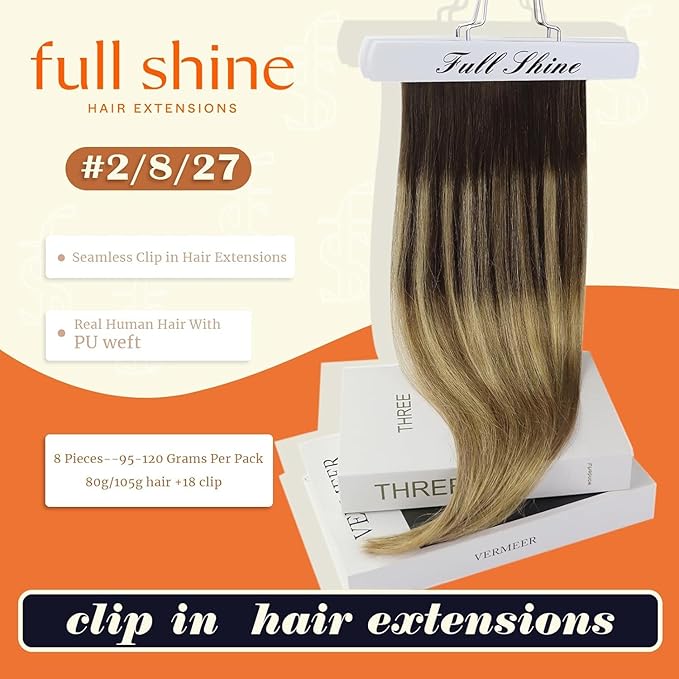 Full Shine Seamless Hair Extensions Clip in 18 Inch Balayage Dark Brown to Light Brown with Honey Blonde Human Hair Clip in Extensions Add Volume 8 PCS 120 G