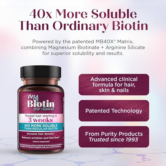 Purity Products MyBiotin ProClinical – Thicker Hair Starting in 3 Weeks & Fights Wrinkles - MB40X Patented Biotin Vitamin B7 Matrix w/Astaxanthin - 40X More Soluble vs Ordinary Biotin, 90 Veg Capsules